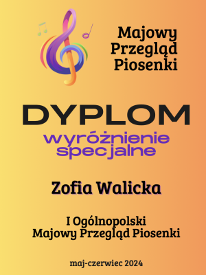 Dyplom potwierdzający otrzymanie wyróżnienia specjalnego w konkursie piosenki